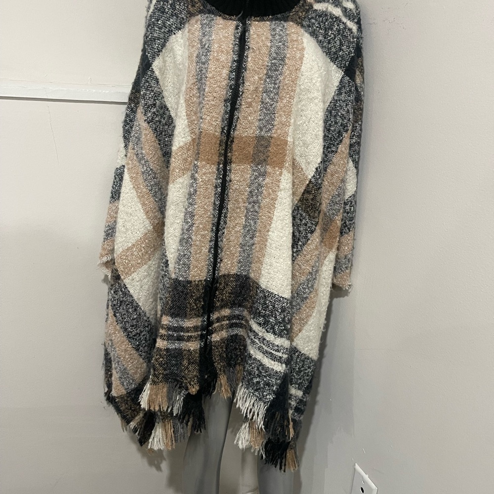 Marc New York Plaid Sweater Poncho - Black, White, Tan